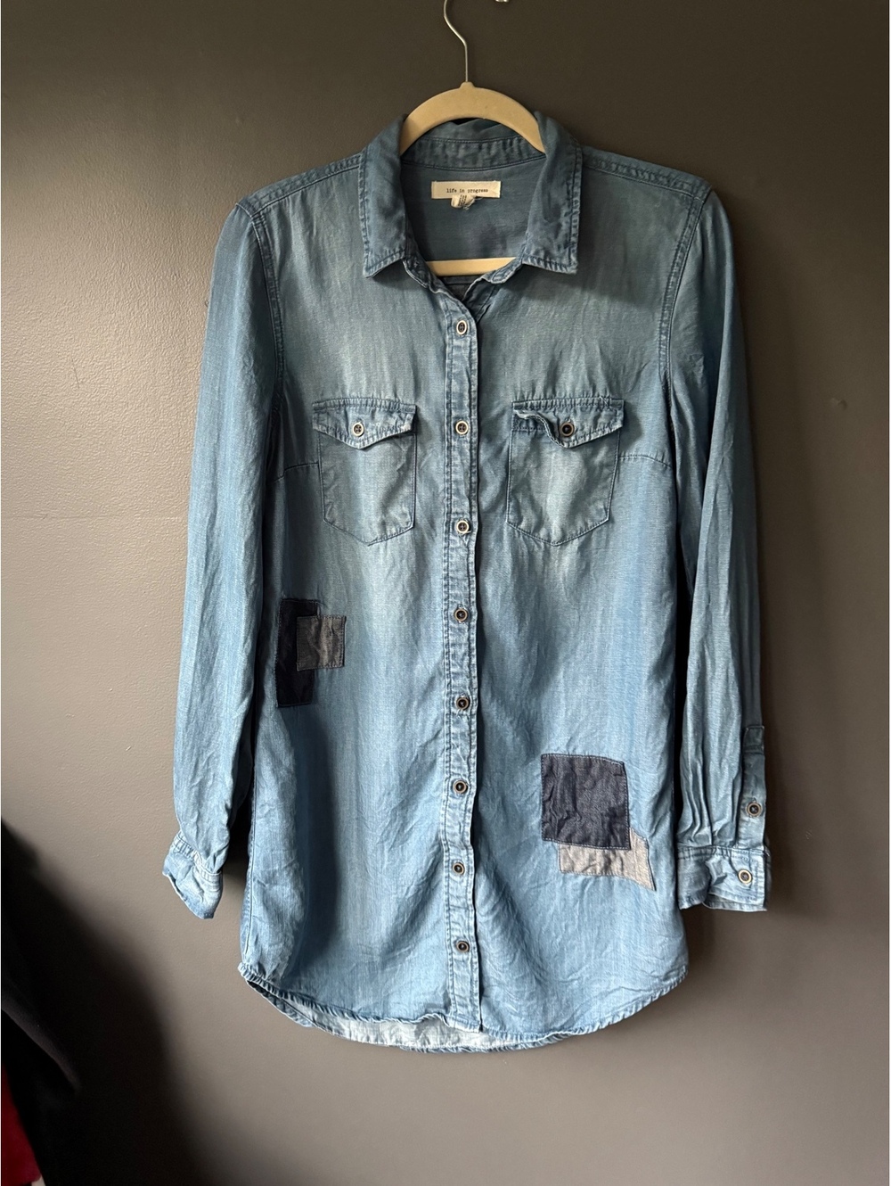 Life in Progress Light Wash Denim Shirt Dress with Patchwork Detail - Size S